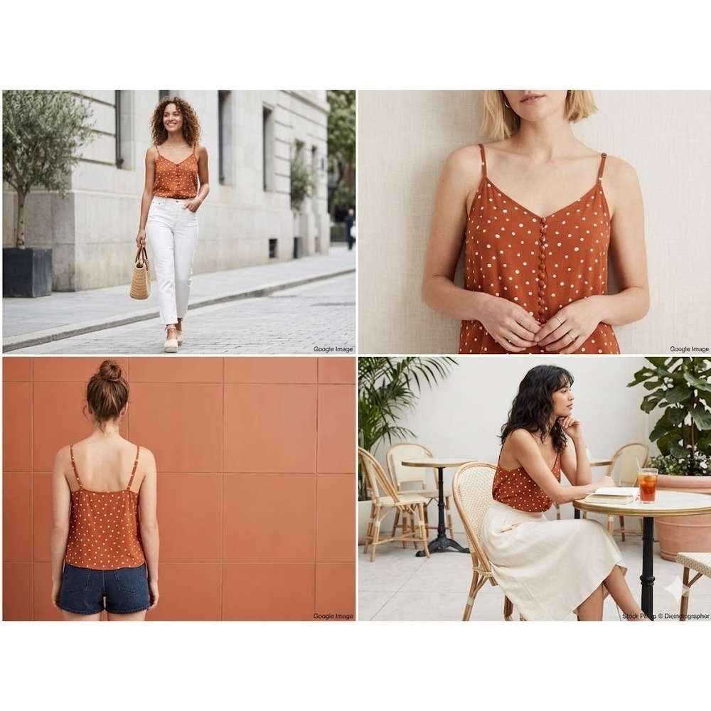 Madewell Button Front Camisole Top 6 Rust Orange Polka Dot Spaghetti Straps